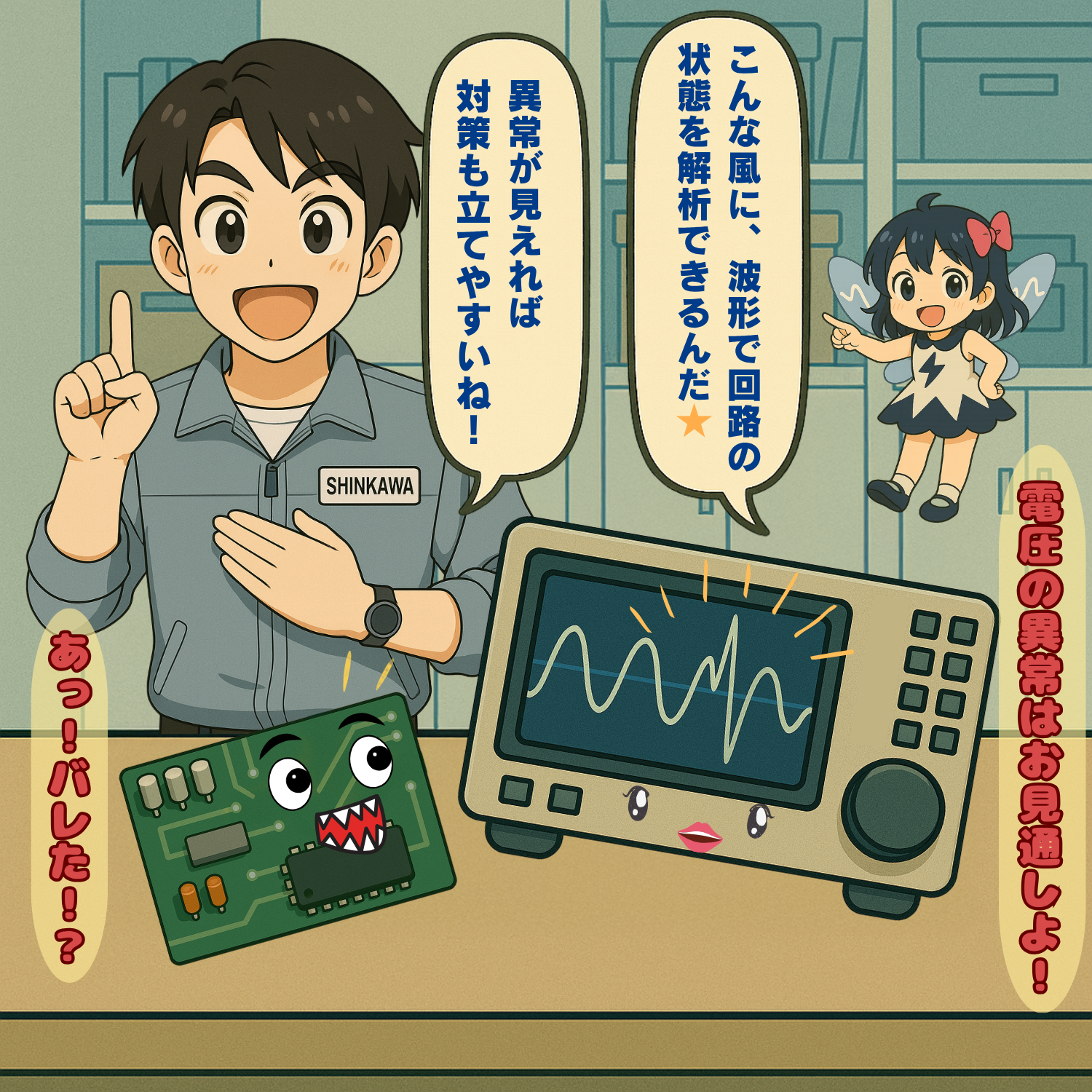 波形を観察して回路の状態を分析できることを理解したしんくんが納得する場面