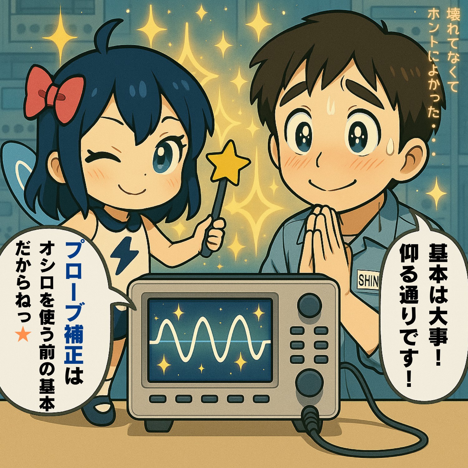 プローブ補正後に波形が安定し、しんくんが感謝する場面