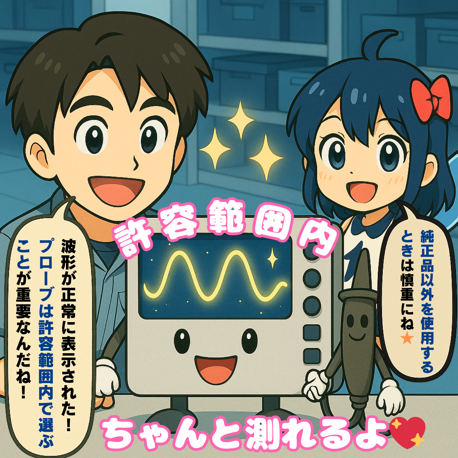 オシロスコープとプローブが仲良く手をつないできれいな波形を見せている